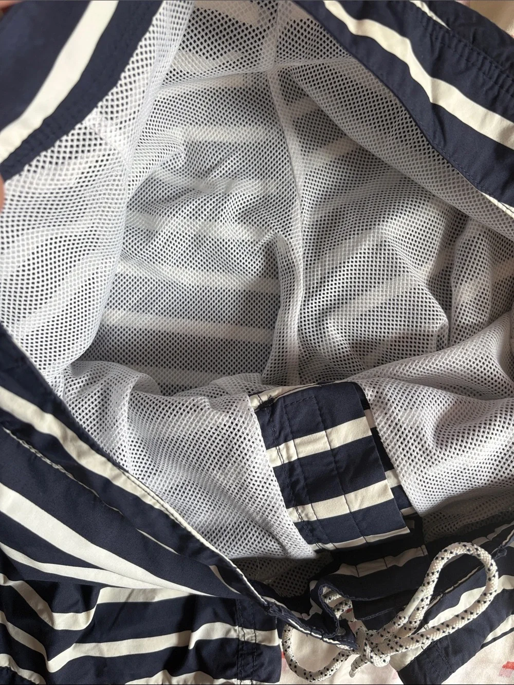 J. Crew Men's Size 32 Navy Blue Striped Lined Swimming Trunks With Drawstrings